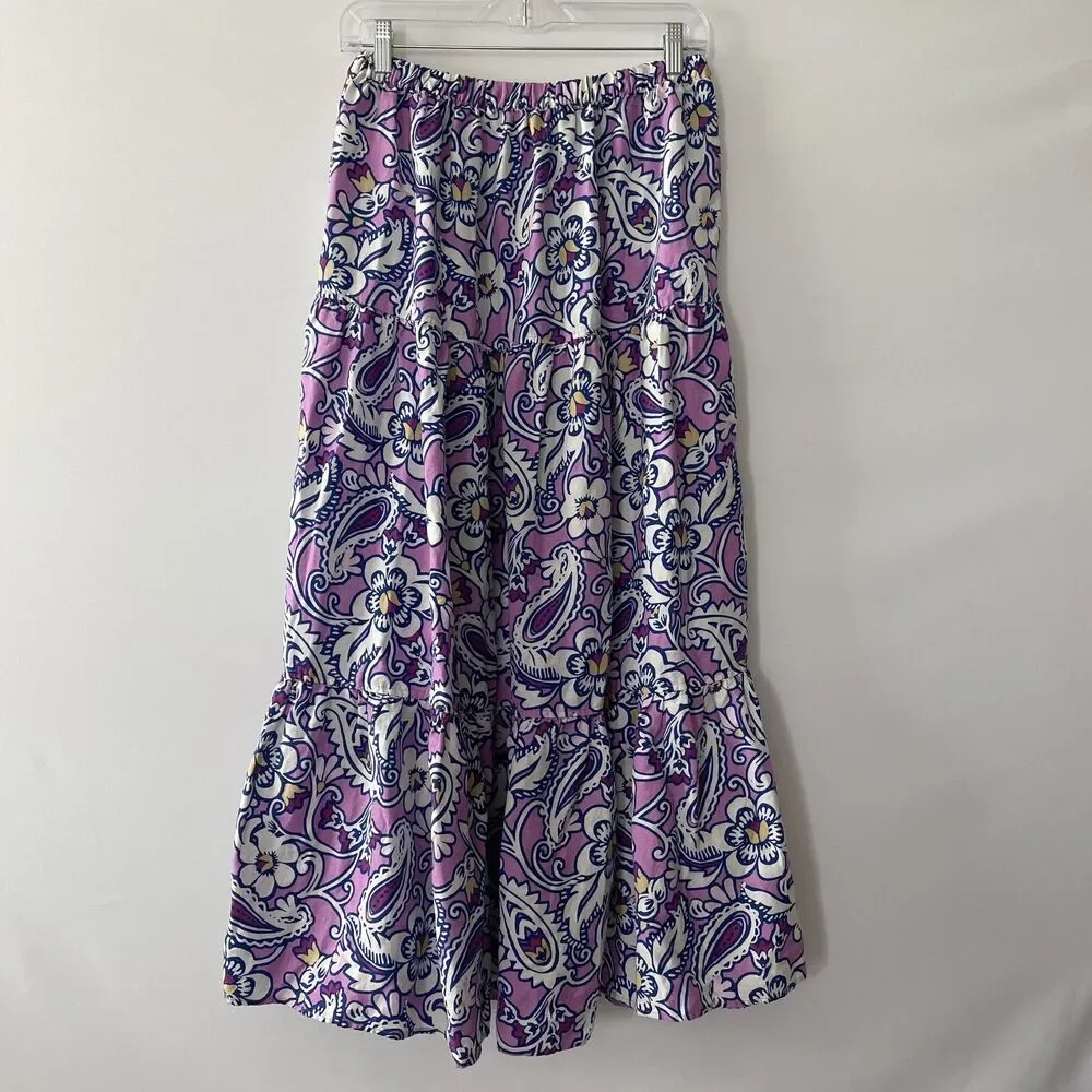 LOFT Beach Tiered Maxi Skirt Purple Blue Floral Paisley Linen Blend Size M-(dmp)